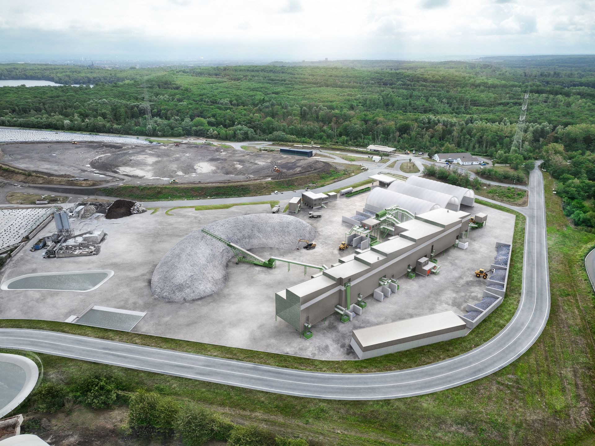 3-D-Modell Rostascheaufbereitungsanlage 3D-Modell der Rostascheaufbereitungsanlage in Landschaft, komplexe Technik